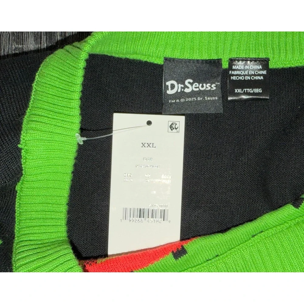 Dr Seuss The Grinch Ugly Christmas Sweater‎ Mens XXL Black Green Fair Isle NEW